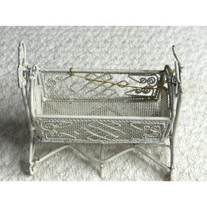 Miniature Wire Cradle White Bassinet Dollhouse Furniture Baby Bed 4"+ Vtg